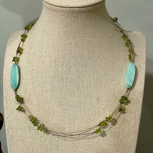 Vicky Jousan Illusion 3 strand wire green beads & blue mother of pearl necklace